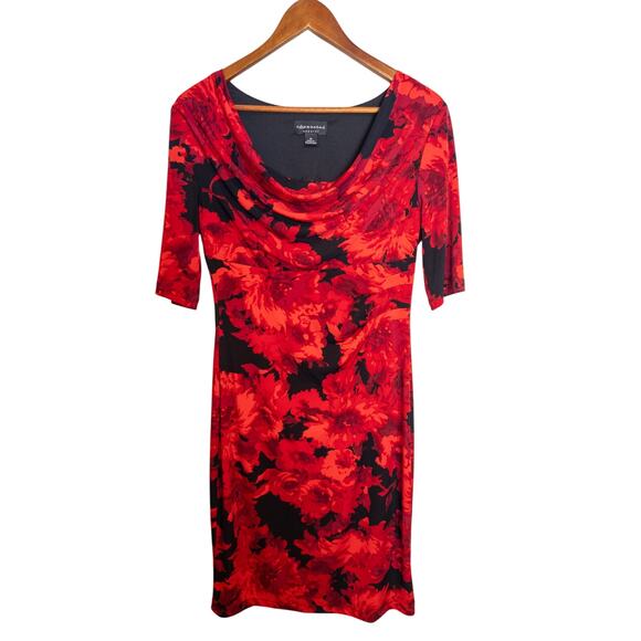 Connected Apparel Y2K Style Half Sleeve Red Floral Sheath Dress Size 10 - Picture 3 of 5